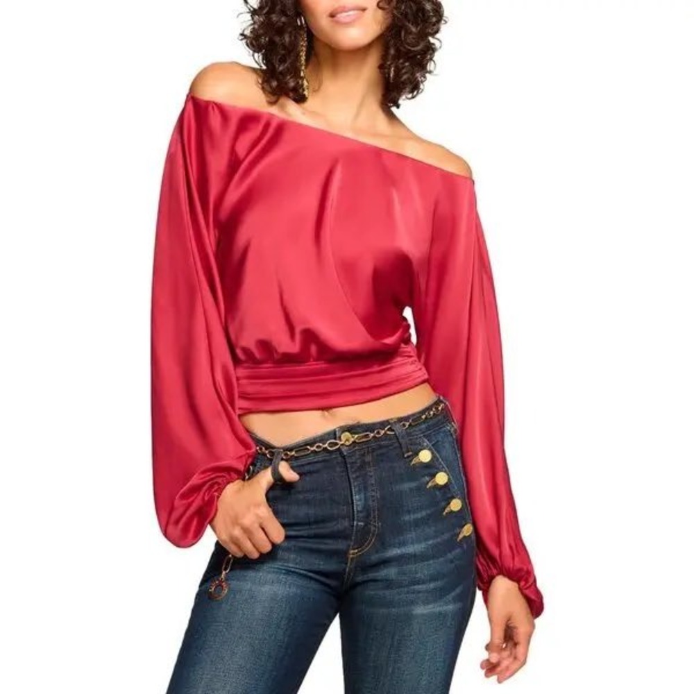 Ramy Brook Sonja Red Satin Off Shoulder Blouson Blouse Smocked Waist XS